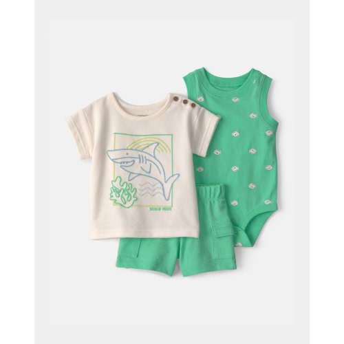 Baby Boy 3-Piece Shark Top, Bodysuit & Short Set - Green/Ivory | Carter's