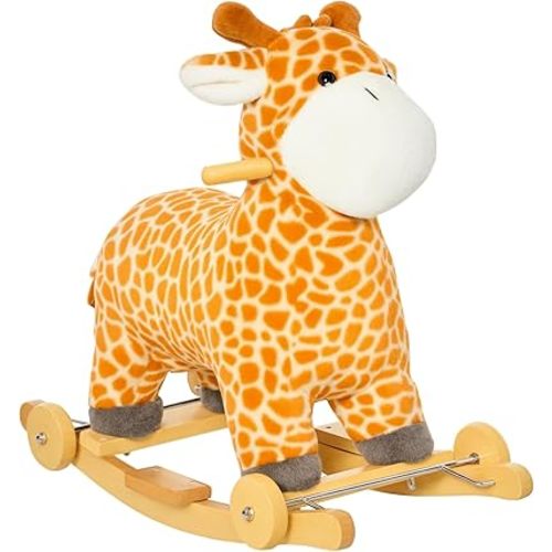 Qaba Rocking Horse, 2 in 1 Kids Ride on Horse, Rolling Giraffe Animal Rocker with Sound, Wooden Base, Pedal, Grip Handle, Plush Riding Pony for 3-6 Years Old, Yellow
