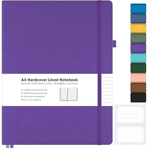 College Ruled Notebook, A4 Hardcover Leather Notebook for Work, Lined Notebook Journal for Women, Men, 192 Thick Paper, 8.5" x 11", Large Notebook with Pockets, Professional Business Notebook, Purple