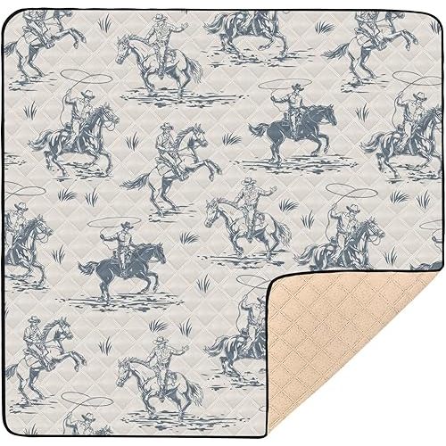 Baby Play Mat Western Cowboy Horse Retro 50" X 50" Play Gym Crawling Mat Soft Non-Slip Portable Picnic Floor Mat for Infant, Babies, Toddler, Kids