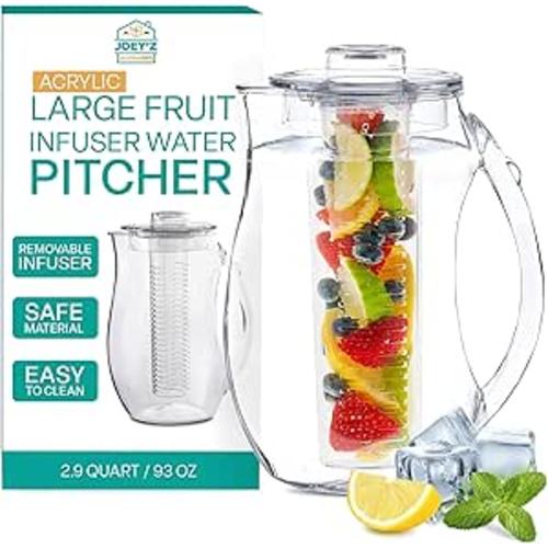 Large Fruit Infuser Water Pitcher (2.9 Quart / 93 Oz) – Shatterproof Acrylic Infusion Jug for Iced Tea, Juice, Beverages, Water, Lemon, Fruit & Herbs – BPA Free