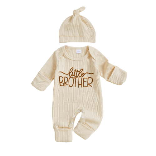 BemeyourBBs Newborn Baby Boy Little Brother Outfit Waffle Knit Jumpsuit and Hat Set Long Sleeve Letter Embroidery Romper with Cap Clothes Set