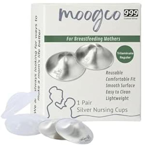 MOOGCO The Original Silver Nursing Cups - Nipple Shields for Breastfeeding Newborn - Breastfeeding Essentials - 999k Tri-Laminate Silver Nipple Covers (Regular Size, Set of 2)