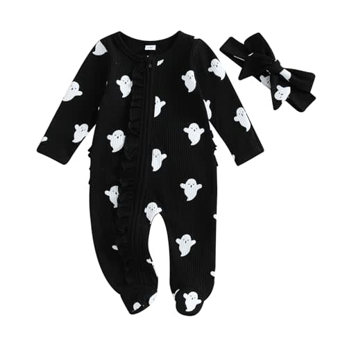 Seyurigaoka Halloween Baby Girl Outfit Ghost Print Zipper Long Sleeve Jumpsuit Ruffle Footie Romper+Headband