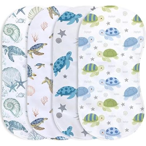 4 Pack Baby Burp Cloths for Boys Girls, Soft Cotton, Ocean Sea Turtle Theme Design, Super Absorbent Baby Burping Cloths for Newborns, Machine Washable and Reusable Baby Spit-Up Cloths