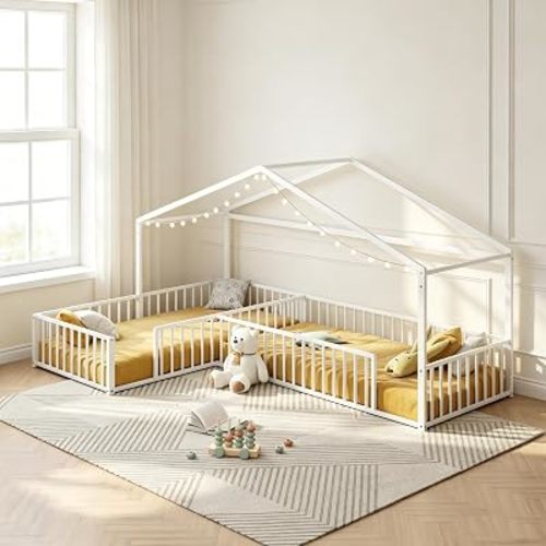JIJIWANG Double Twin L-Shaped Floor Bed with Fence for 2 Kids, White