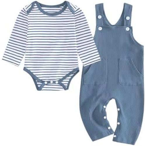 oklady Baby Boy Clothes Stripe Pattern Print Romper Top and Baby Overalls with Hat 0-18 Months Baby Boy Outfits