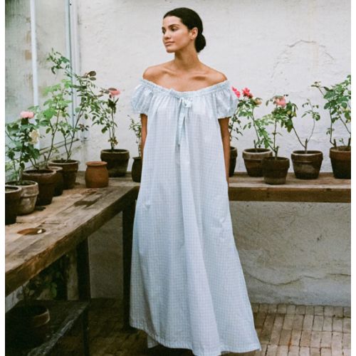 Lily Lounge Dress - Long - Cotton - Gingham Pale Blue – Piyama USD