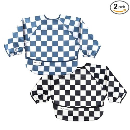 Tiny Twinkle Long Sleeve Bib for Babies & Toddlers |2-Pack Waterproof Smock Bib for Eating | Machine Washable and Mess-Proof Feeding Essentials | Newborn Shower Gift (Black, Blue Checkers, 6-24M)
