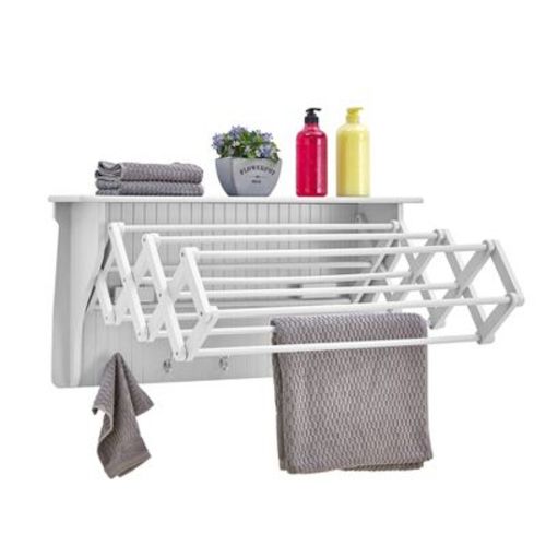 36" x 18" Wall Shelf with Collapsible Drying Rack and Hooks (White)