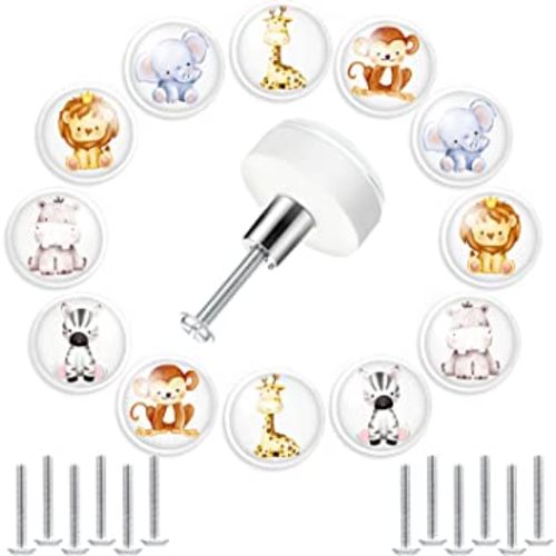 Fumete 12 Set Animal Silicone Drawer Knob, Round Cabinet Drawer Knobs Screws for Kids Dresser Nursery Closet Kitchen Cabinet
