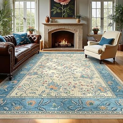 GarveeHome Large Area Rugs 10x13 for Living Room, Light Blue Washable Rug Soft Non Slip Backing Floor Mat Carpet Indoor Botanical Floral Rug for Bedroom Dining Room Playroom Nursery Home Décor