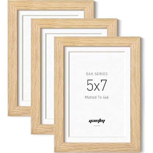 Yaetm 5x7 Oak Wood Picture Frame with Mat for 4x6 Set of 3, Natural Solid Wood 5x7 Frame with Tempered Glass for Tabletop & Wall mount (3 Pack, Oak)