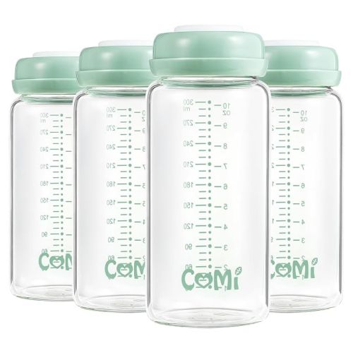 COMI Wide Neck Glass Breastmilk Collection n Storage Bottle, 4 Packs,10oz with Screw Ring Sealing Disk,Re-markable Sealing Disc,BPA Free,Fits Breast Pumps&Nipples(4 Green Lids)