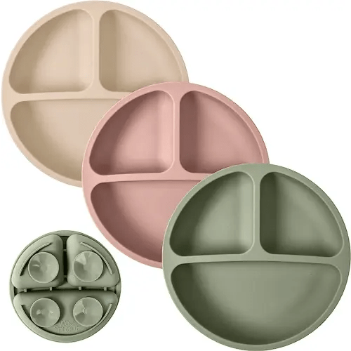 WeeSprout Suction Plates for Babies & Toddlers - 100% Silicone, Dinnerware Stays Put, Divided Design for Picky Eaters, Microwave & Dishwasher Friendly, 3 Pack