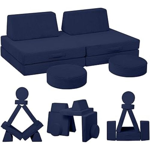 MeMoreCool Modular Kids Couch – 8-Piece Foam Play Sofa for Toddlers in Navy Corduroy Convertible Fort Building Set | Washable Covers | Soft Cushion Furniture for Playroom or Bedroom
