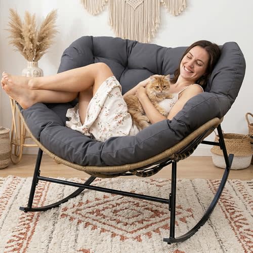 RADIATA Outdoor Papasan Rocking Chair with Cushion, Oversized Patio Lounge Rocker, All Weather PE Wicker Comfy Egg Rocking Chairs, 450 lbs Heavy Duty Recliner Glider for Balcony, Porch, Garden, Grey