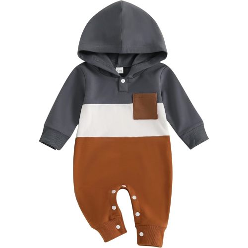 BemeyourBBs Newborn Baby Boy Clothes Color Block Long Sleeve Zipper Hooded Romper with Pocket Fall Winter One Piece Outfits