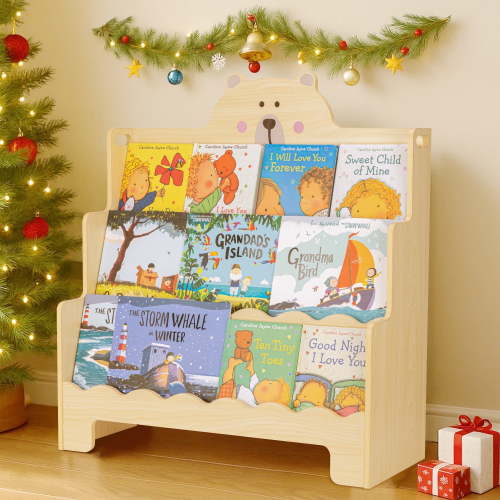 Kids Wooden 3-Tier Bookshelf with Scalloped Edges, Front-Facing Book Display, Montessori Toddler Book Rack & Book Shelves for Kids Room, Nursery, Bedroom, Classroom