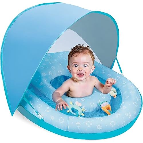 WERNNSAI Baby Pool Float with Canopy, Cloth Covered Inflatable Baby Floaties for 6-36 Months, Baby Swimming Pool Floats with Foldable UPF Shade & Sea Animal Toys, Swimming Pool Accessories for Kids