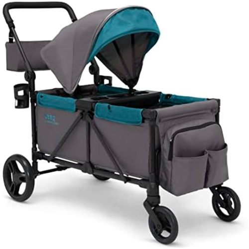 Jeep Sport All-Terrain Stroller Wagon by Delta Children - Includes Canopy, Parent Organizer, Adjustable Handlebar, Snack Tray & Cup Holders, Grey/Blue Moon