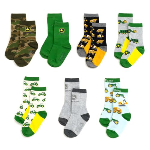 John Deere Truck 7 Pack Non-Slip Grip Crew Socks Infant to Little Kid Sizes (12-24 Months - 4-6)