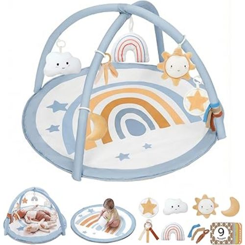Little Dove Baby Play Gym Mat, Tummy Time Activity Mat with 7 Detachable Toys and 12 Milestone Cards for Stage-Based Sensory and Motor Skill Development, Washable Play Mats for Infant, Blue