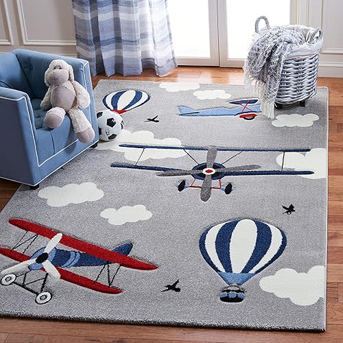 SAFAVIEH Carousel Kids Collection Area Rug - 5'3" Square, Light Grey & Red, Non-Shedding & Easy Care, Ideal for High Traffic Areas for Boys & Girls in Playroom, Nursery, Bedroom (CRK137F)