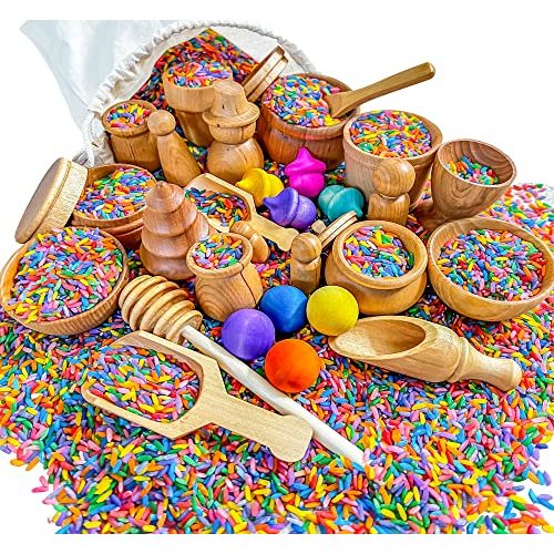 Wooden Tool Set for Sensory Bin (30 Piece), Child-Sized Montessori Sensory Toys for Developing Fine Motor Skills, Smooth Wooden Toys, Bin Scoops and Tools