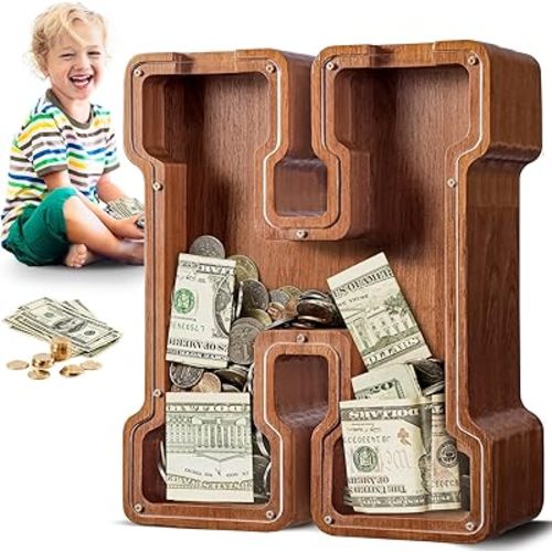 Summidate Large Wooden Piggy Bank for Kids Adults, Alphabets Letter A-Z Piggy Bank for Boys Girls, Coins Bills Change Bank Box Personalized Initial Name Kids Money Bank for Birthday Present and Decor