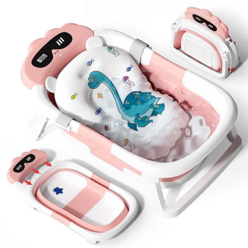 Halicool Collapsible Baby Bathtub with Cushion, Portable Infant to Toddler Bath Tub, PP Safe Material, No-Slip Design, Thermostatic Drain