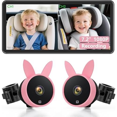 Babyvue BV3 MAX Dual Baby Car Camera for 2 Kids, 7.2" Split Screen Display
