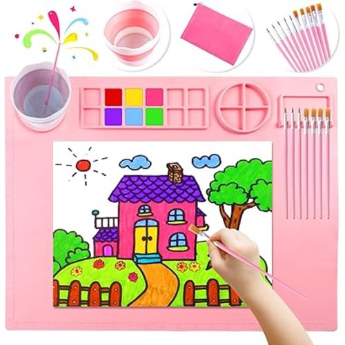 Silicone Craft Mat with Detachable Cup - 20x16 Inch Large Silicone Painting Mat for Kids & Adults - Includes 10 Painting Brushes - Pink
