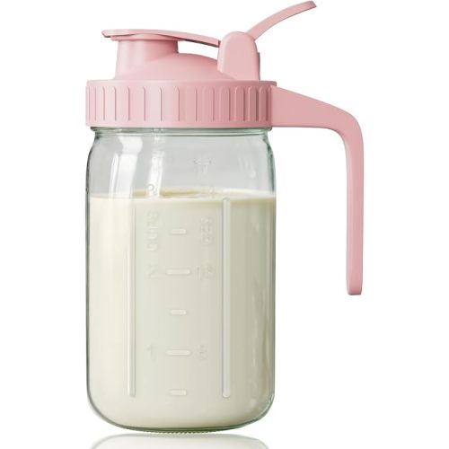 32 oz Breast Milk Pitcher, Glass Mason Jar Pitcher with Lid | Airtight, Leak Proof, Wide Mouth, Pour Spout Lid, Thick Glass, Fridge Safe, Ergonomic Handle, Easy to Clean