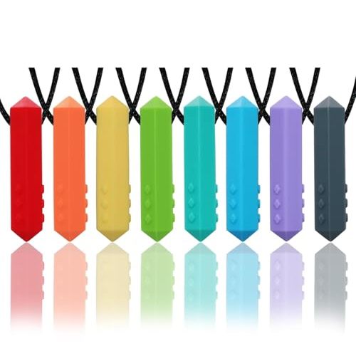 Chew Necklaces for Sensory Kids, 8 Pack Chewy Necklace Sensory Boys and Girls with Autism, ADHD, SPD, Biting, Silicone Teething Necklace Oral Chew Toys for Adults Reduce Chewing Anxiety Fidget