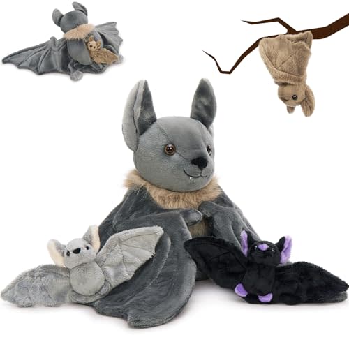 Tezituor 4Pcs Realistic Goth Bat Stuffed Animals Set, 32inch Large Mommy Stuffed Bat with 3 Cute Babies for Boys Girls, Hugging Soft Gothic Bats Plush Toy Gift for Halloween Christmas Party