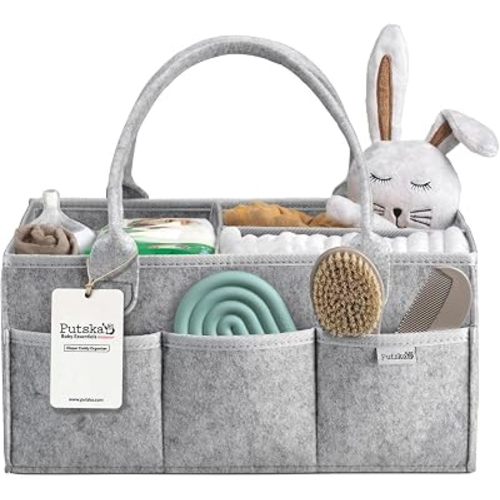 PUTSKA Baby Diaper Caddy Organizer, Felt Nursery Basket, Gray, Large