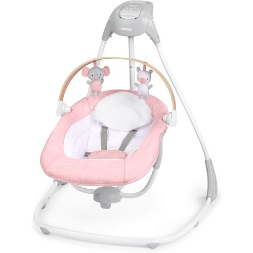 Ingenuity SimpleComfort Compact Soothing Swing, Rotating Toy Bar, Rotating Seat, 6 Speeds, for Ages 0-9 Months, Up to 20 Pounds - Chambray