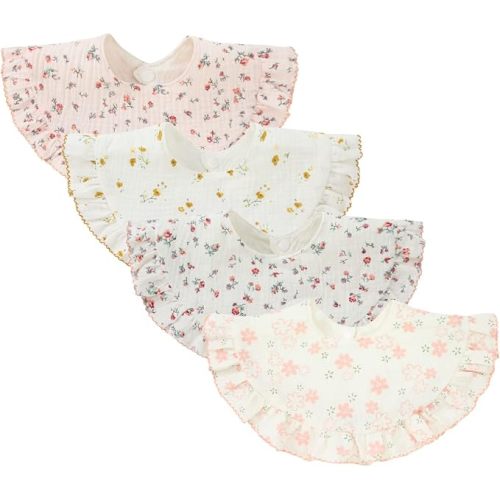 Nishine 4 pcs Unisex Baby Muslin Bandana Drool Bibs 360 Degree Rotatable Cotton Teething Feeding Drooling Bibs for Boy Girl