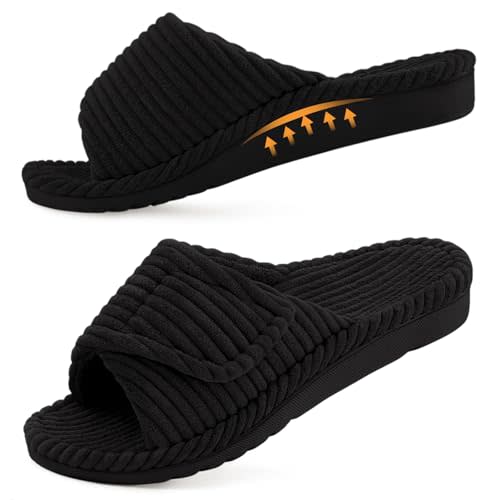 Litfun Orthopedic Slippers for Women Arch Support Indoor House Slippers Adjustable Open Toe Corduroy Bedroom Shoes with Memory Foam for Plantar Fasciitis