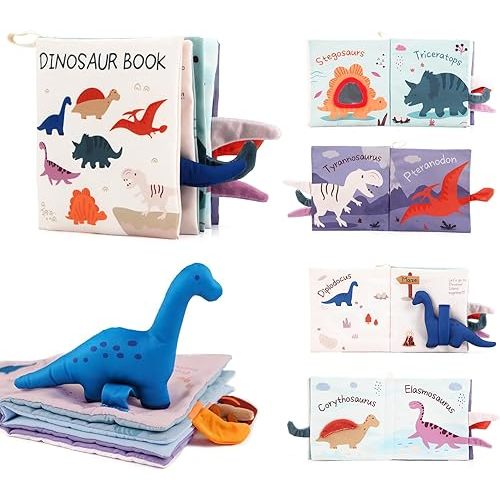 Baby Toys 0-6 Months, Infant Tummy Time Toys High Contrast Sensory Touch Feel Book 6-12 Months, Crinkle Cloth Book with 3D Dino, Car Seat & Stroller Toys, Baby Boys Girls Developmental Gifts