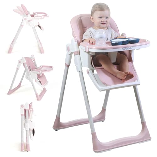 Sunchildor 3 in 1 Baby High Chair with Wheels, Adjustable 5 Point Harness, Tray, Foot Rest, Backrest and Seat Height, Foldable High Chair for Toddlers, Pink
