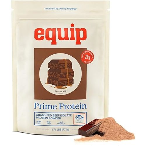 Equip Prime Chocolate Protein Powder - Gut-Friendly, No Sugar Protein Shake Powder with Grass-Fed Beef & Natural Collagen - Rich & Creamy Mix - 21g Per Serving - Whey & Dairy-Free (30 Scoops)