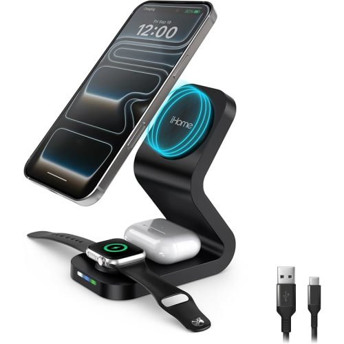 iHome 15W 3-in-1 Magnetic Wireless Charging Stand, MagSafe Compatible, Charges Up to 3 Devices