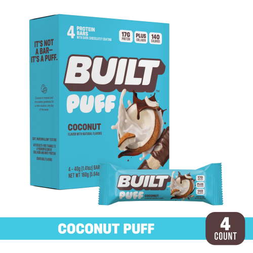 Built Puff Snack Bars, Coconut, 17g Protein, Collagen, 140 Calories, 4 Count Box, 1.41oz