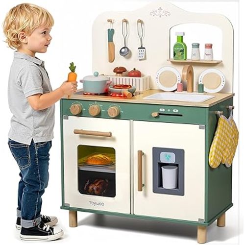 Kids Wooden Play Kitchen Set with Play Food, Pretend Play, Sink & Stove