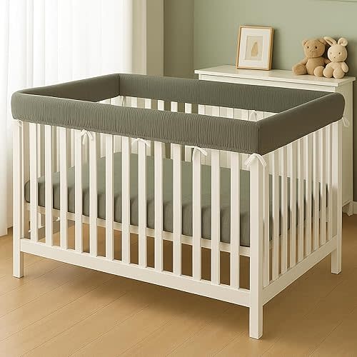 4 in 1 Crib Rail Covers for Teething,Soft Breathable Muslin Cover,Crib Rail Guard, Anti-Collision Strip Corner Cover, Crib Teething Cover, Rail Edge Protector Strip, 4 Pcs (Green)