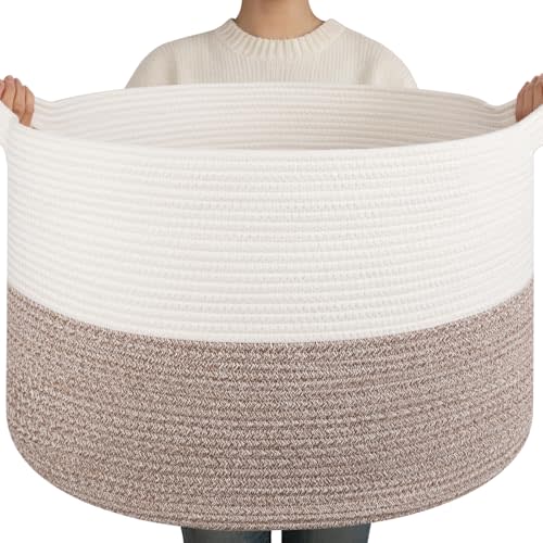 OIAHOMY 90L XXXLarge Blanket Basket Living Room Laundry Basket Brown | 21.7" x 13.8" Woven Cotton Rope Baskets, Organizing Pillows, Stuffed Animal Toy Storage for Nursery, White and Linen Brown