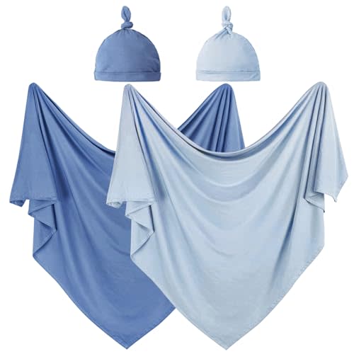 OWLOWLA 2Pack Newborn Swaddle Blanket with Hat Set Boys Receiving Blanket