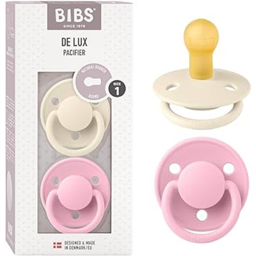 BIBS De Lux Baby Pacifier 2-Pack | Made in Denmark | BPA Free Dummy Soother, Round Nipple. Natural Rubber Latex, Size 1 (0-6 Months), Ivory/Baby Pink